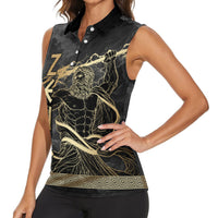 Zeus Greek Mythology King Of Gods Women Sleeveless Polo Shirt Golden Meander Key Pattern Lightning Bolt