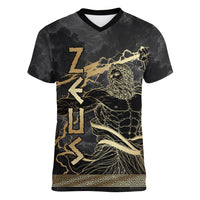 Zeus Greek Mythology King Of Gods Women V-Neck T-Shirt Golden Meander Key Pattern Lightning Bolt