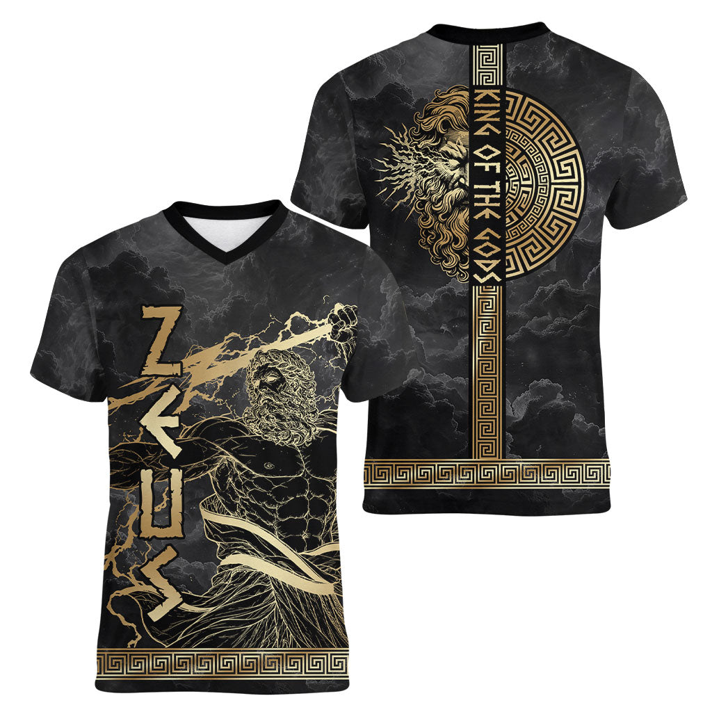 Zeus Greek Mythology King Of Gods Women V-Neck T-Shirt Golden Meander Key Pattern Lightning Bolt