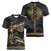 Zeus Greek Mythology King Of Gods Women V-Neck T-Shirt Golden Meander Key Pattern Lightning Bolt