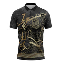 Zeus Greek Mythology King Of Gods Zipper Polo Shirt Golden Meander Key Pattern Lightning Bolt