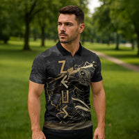 Zeus Greek Mythology King Of Gods Zipper Polo Shirt Golden Meander Key Pattern Lightning Bolt