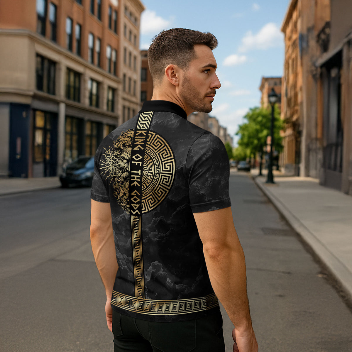 Zeus Greek Mythology King Of Gods Zipper Polo Shirt Golden Meander Key Pattern Lightning Bolt