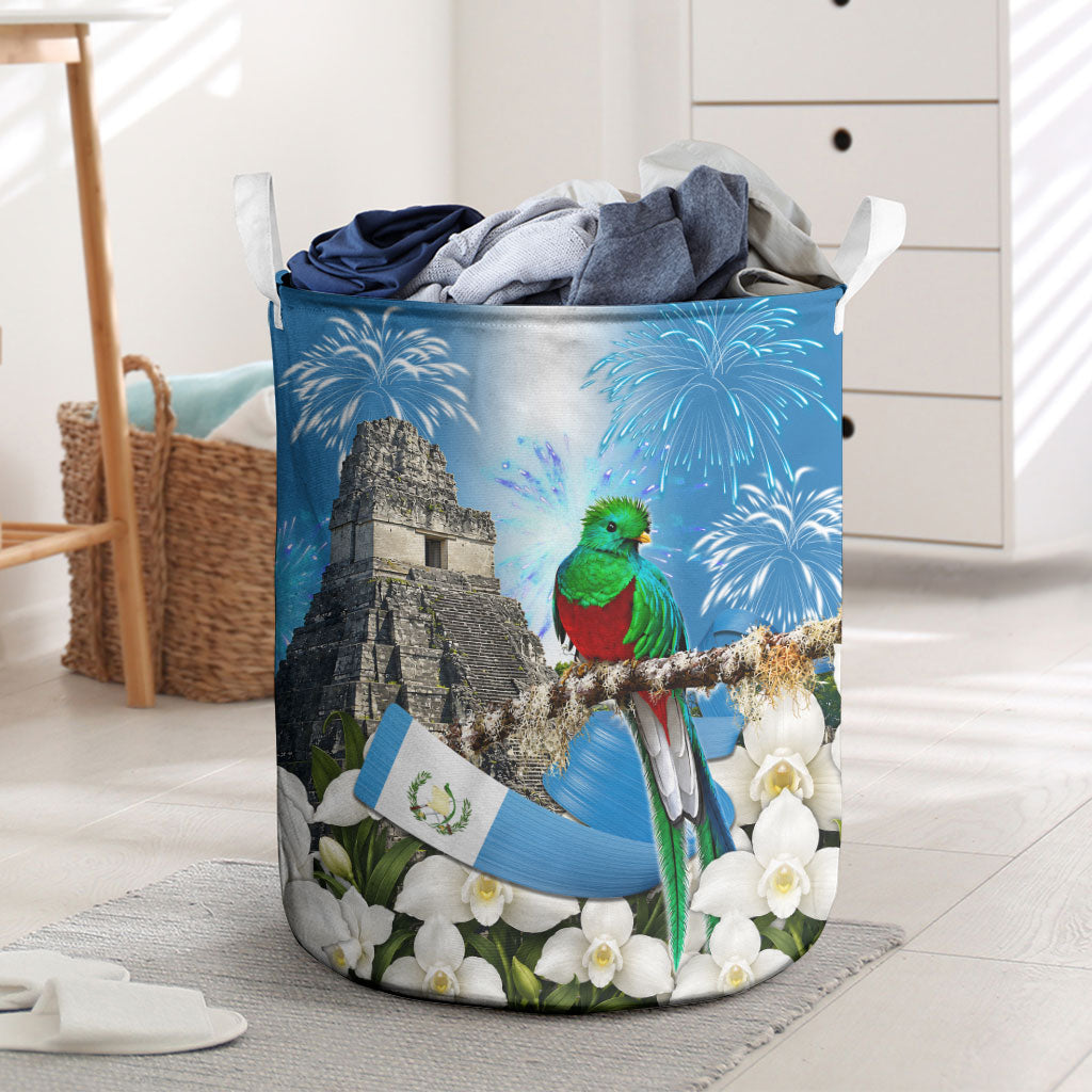 Guatemala Quetzal And Mayan Ruins Laundry Basket Patriotic National Symbols White Orchid Flag