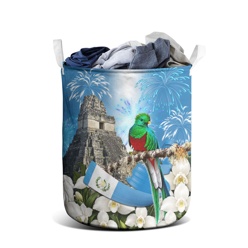 Guatemala Quetzal And Mayan Ruins Laundry Basket Patriotic National Symbols White Orchid Flag