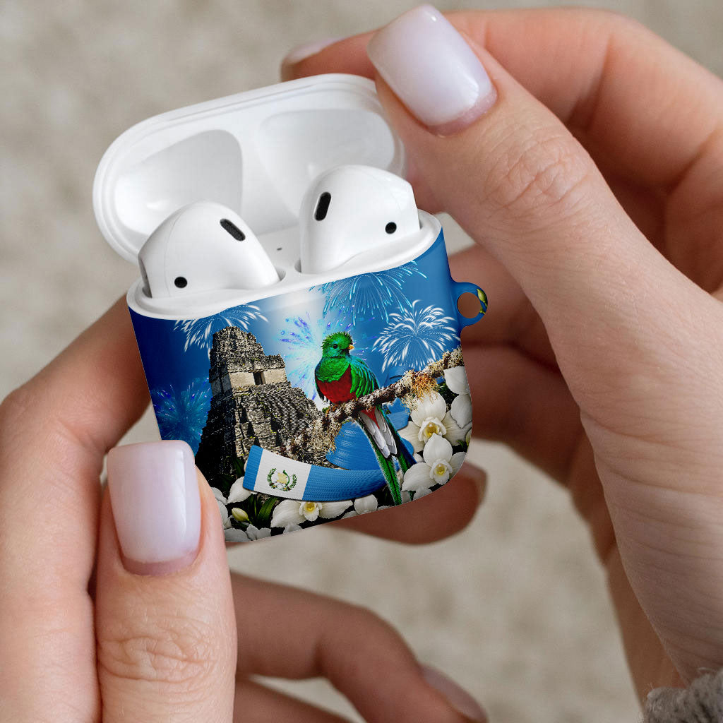 Guatemala Quetzal And Mayan Ruins AirPods Case Patriotic National Symbols White Orchid Flag