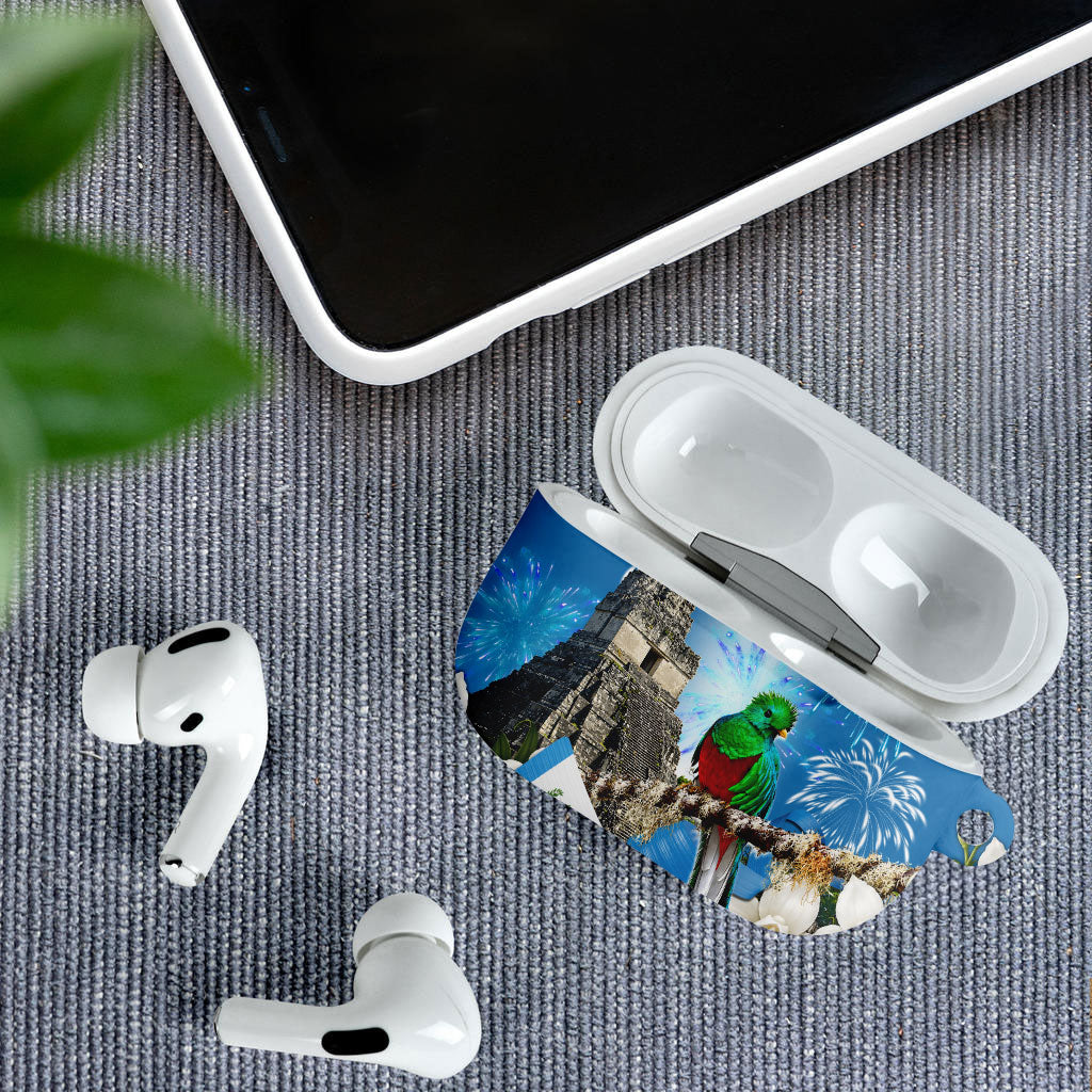 Guatemala Quetzal And Mayan Ruins AirPods Case Patriotic National Symbols White Orchid Flag
