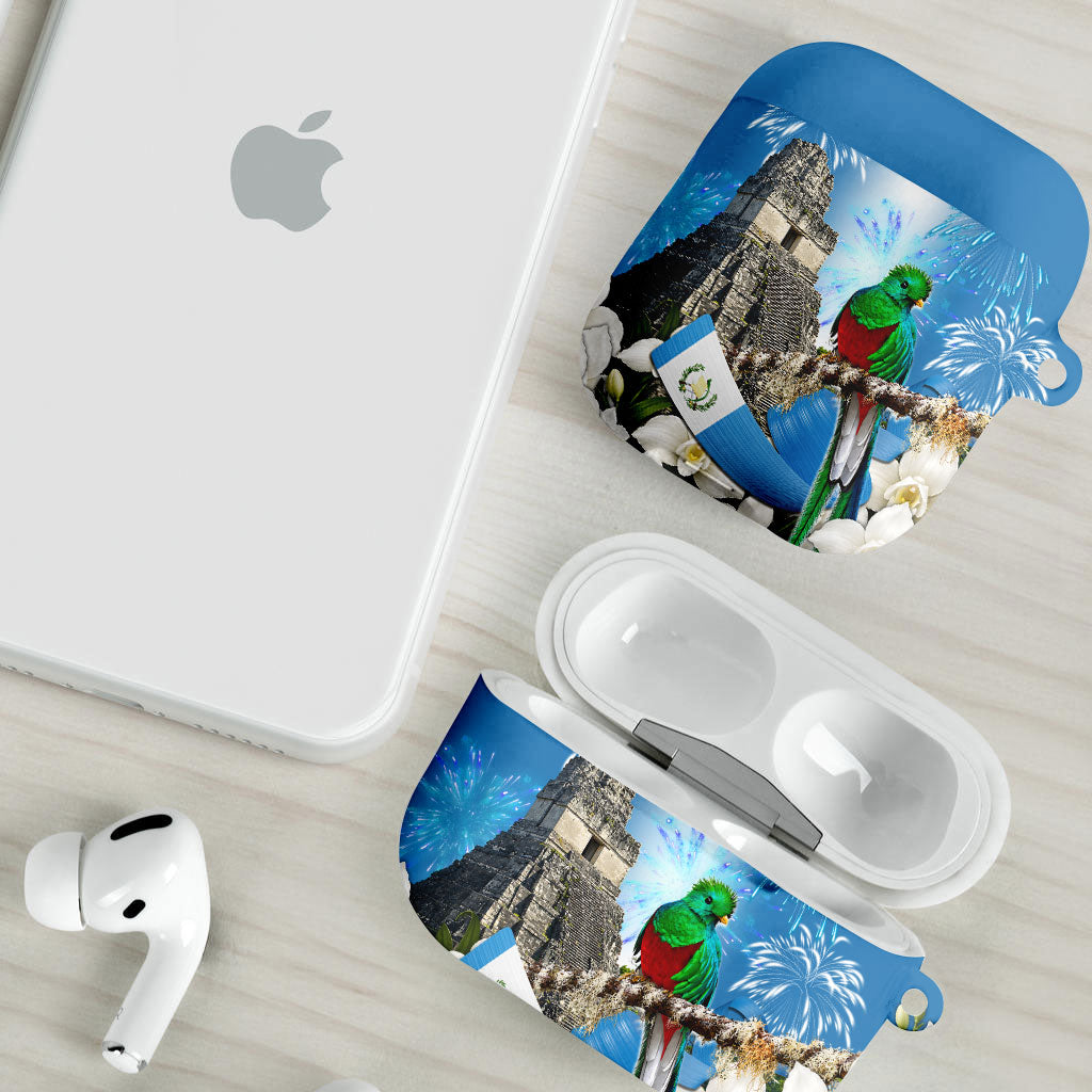 Guatemala Quetzal And Mayan Ruins AirPods Case Patriotic National Symbols White Orchid Flag