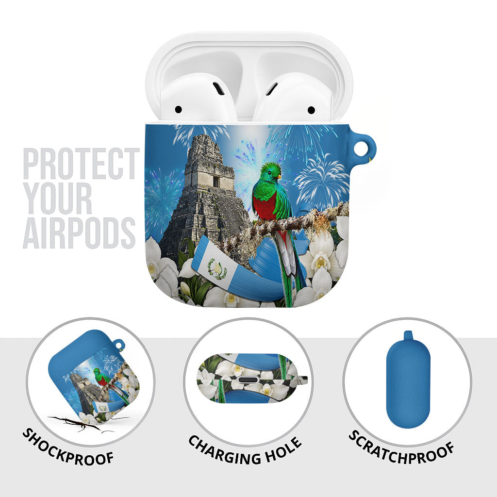Guatemala Quetzal And Mayan Ruins AirPods Case Patriotic National Symbols White Orchid Flag