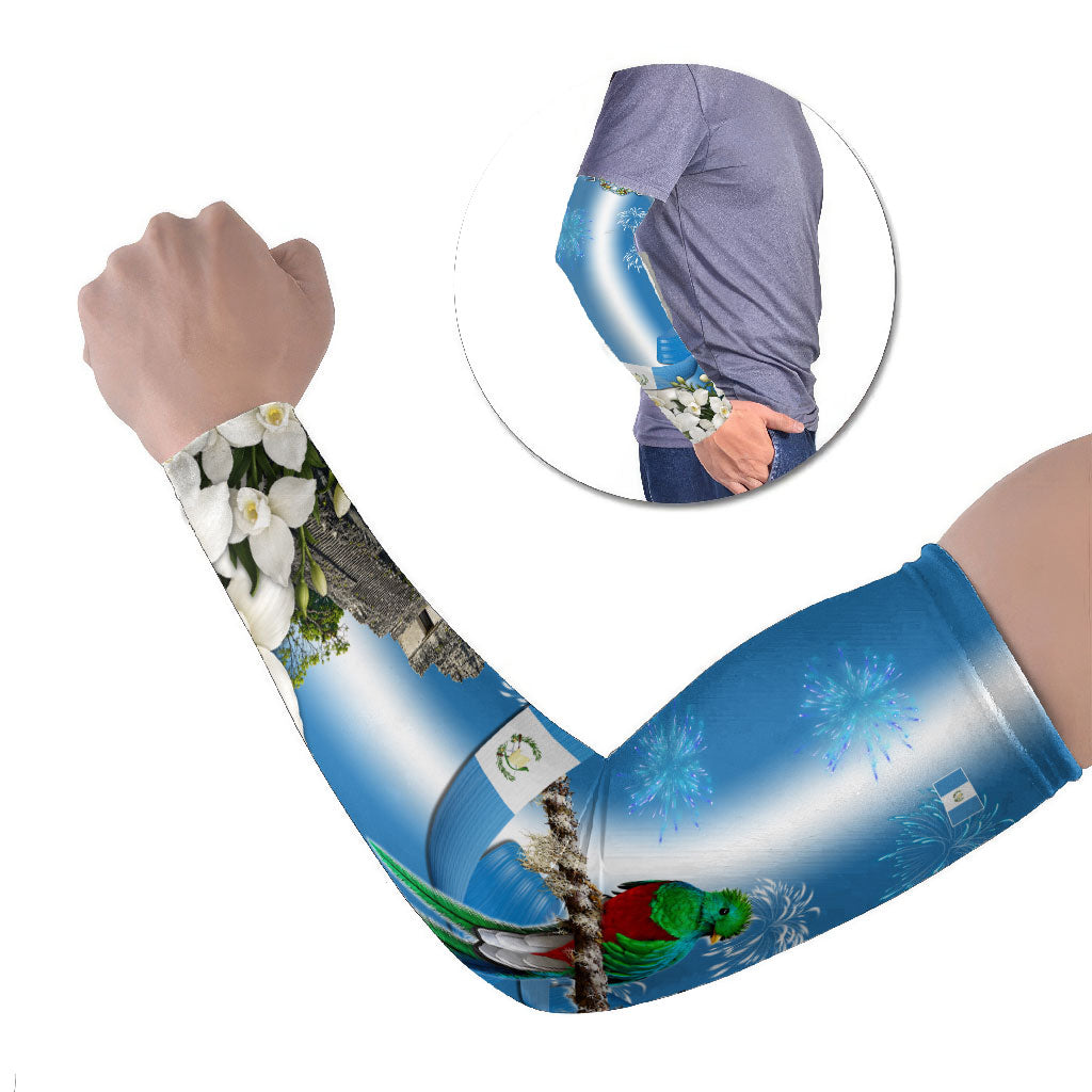 Guatemala Quetzal And Mayan Ruins Arm Sleeves Patriotic National Symbols White Orchid Flag