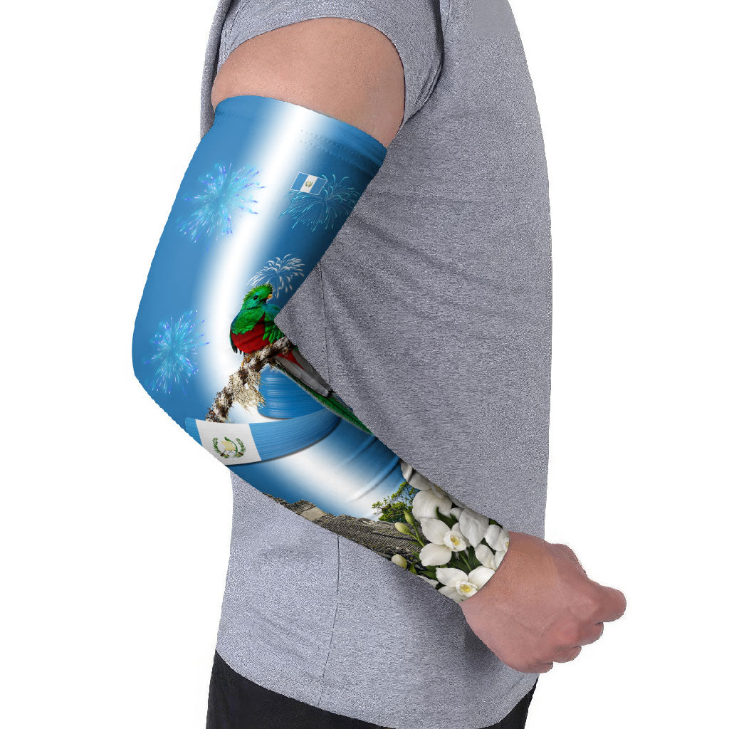Guatemala Quetzal And Mayan Ruins Arm Sleeves Patriotic National Symbols White Orchid Flag