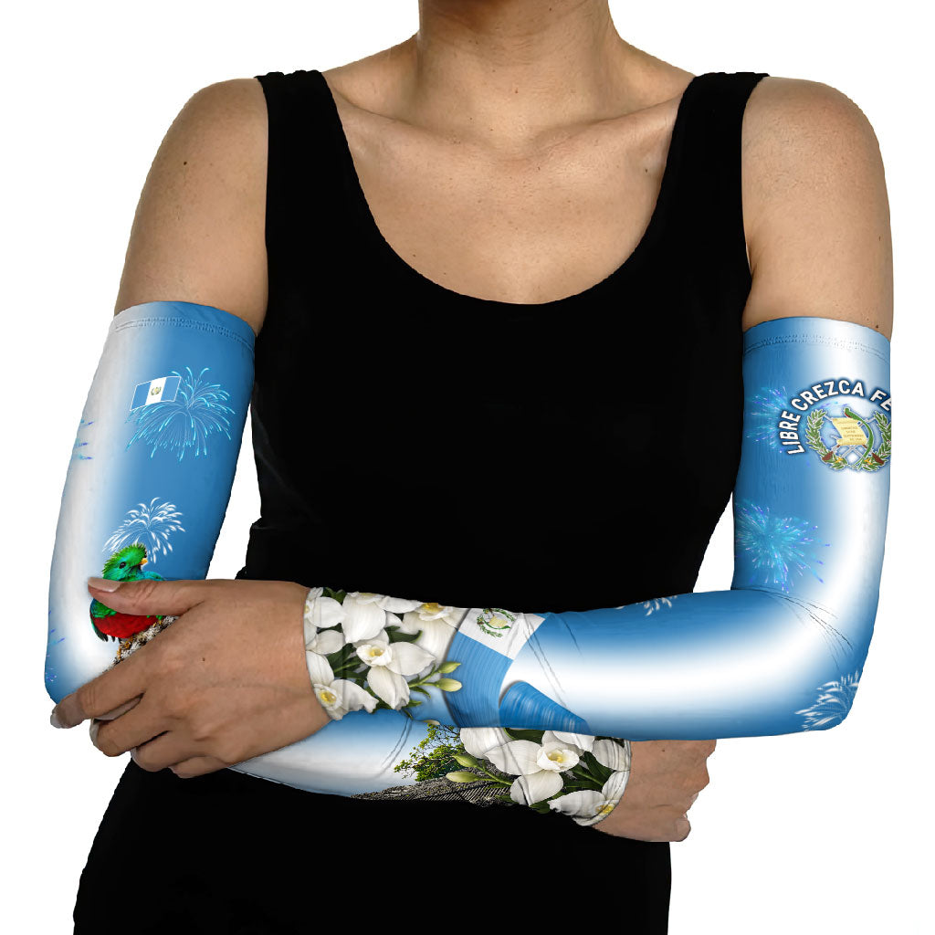 Guatemala Quetzal And Mayan Ruins Arm Sleeves Patriotic National Symbols White Orchid Flag