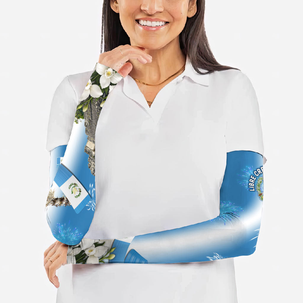 Guatemala Quetzal And Mayan Ruins Arm Sleeves Patriotic National Symbols White Orchid Flag