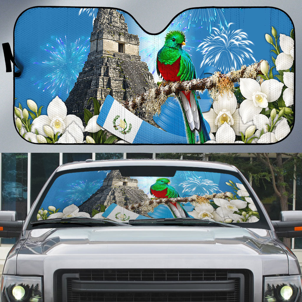 Guatemala Quetzal And Mayan Ruins Auto Sun Shade Patriotic National Symbols White Orchid Flag