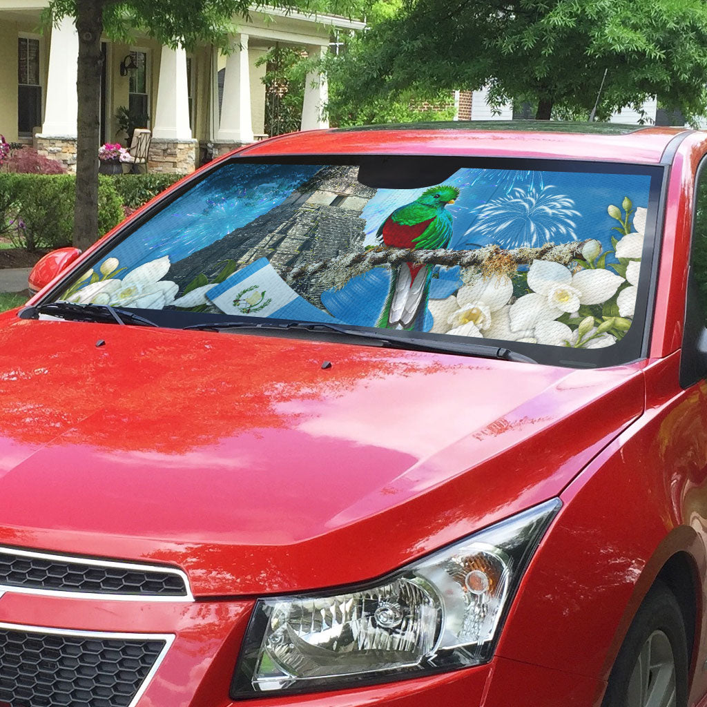 Guatemala Quetzal And Mayan Ruins Auto Sun Shade Patriotic National Symbols White Orchid Flag