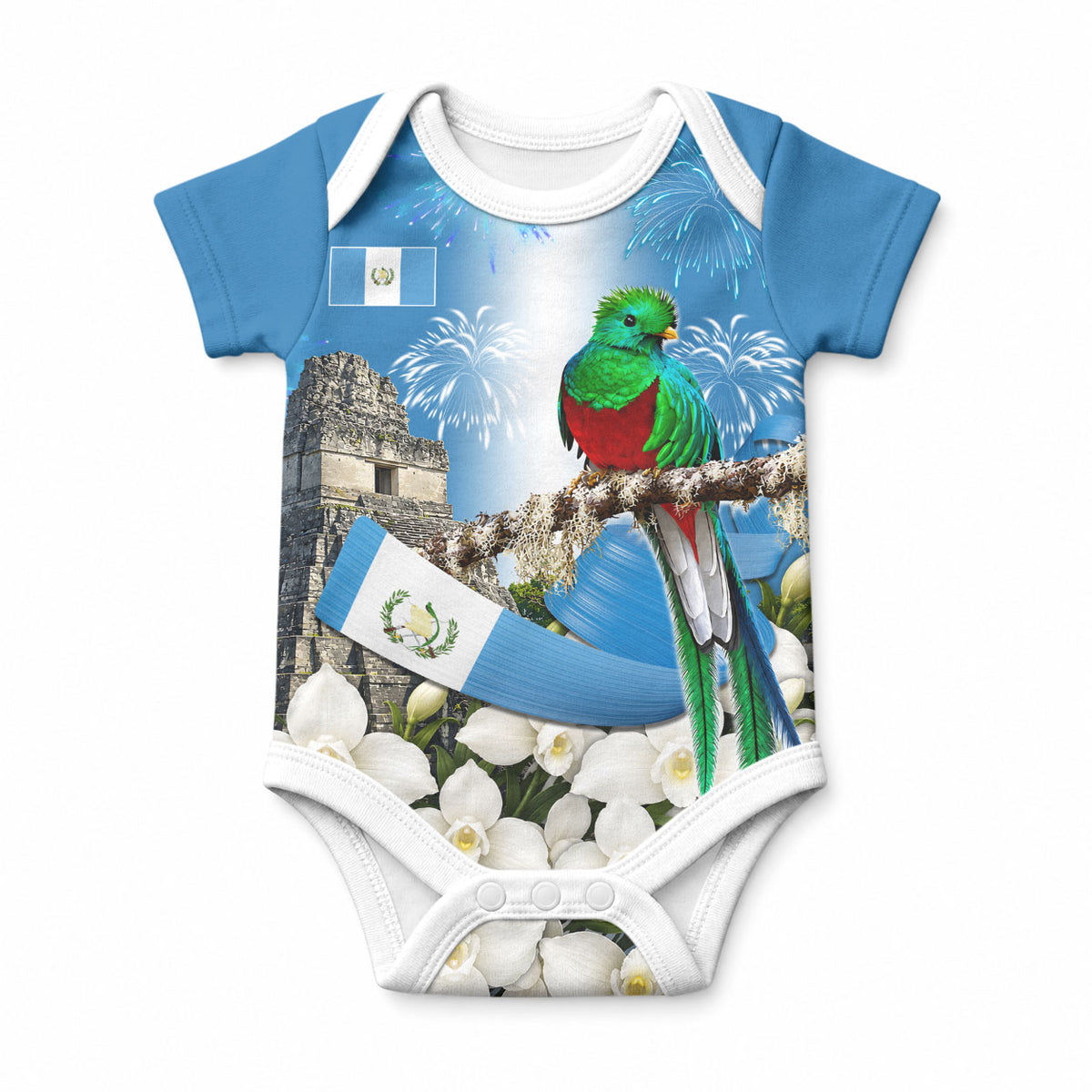 Guatemala Quetzal And Mayan Ruins Baby Onesie Patriotic National Symbols White Orchid Flag
