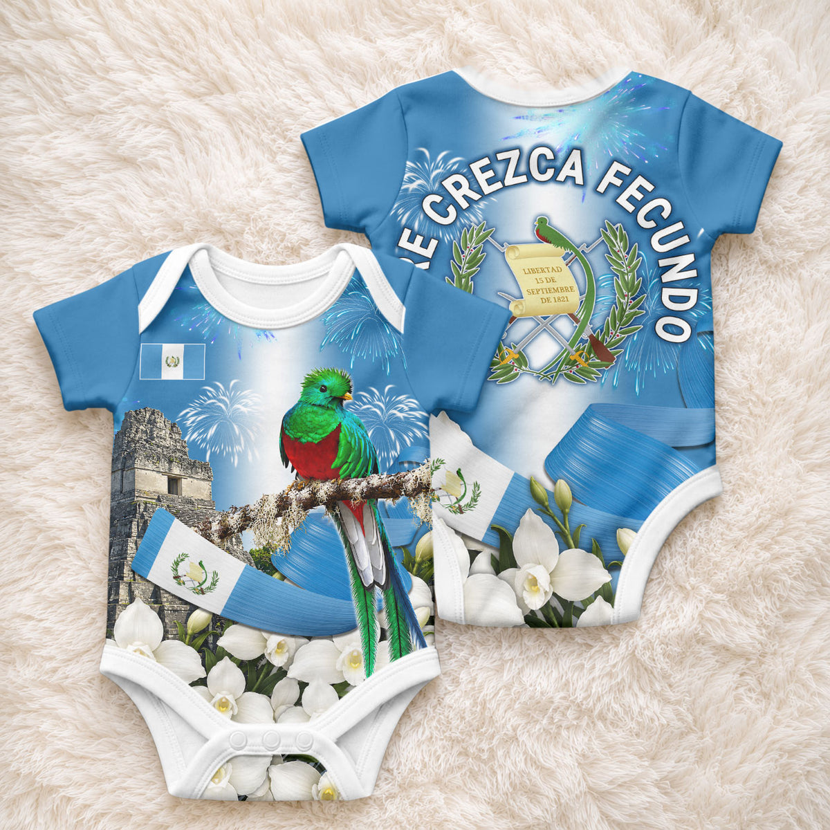 Guatemala Quetzal And Mayan Ruins Baby Onesie Patriotic National Symbols White Orchid Flag