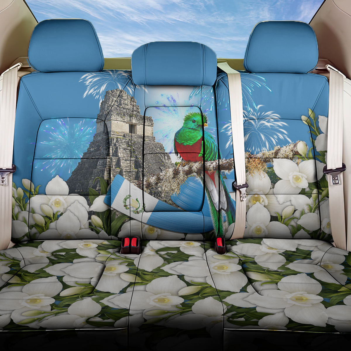 Guatemala Quetzal And Mayan Ruins Back Car Seat Cover Patriotic National Symbols White Orchid Flag