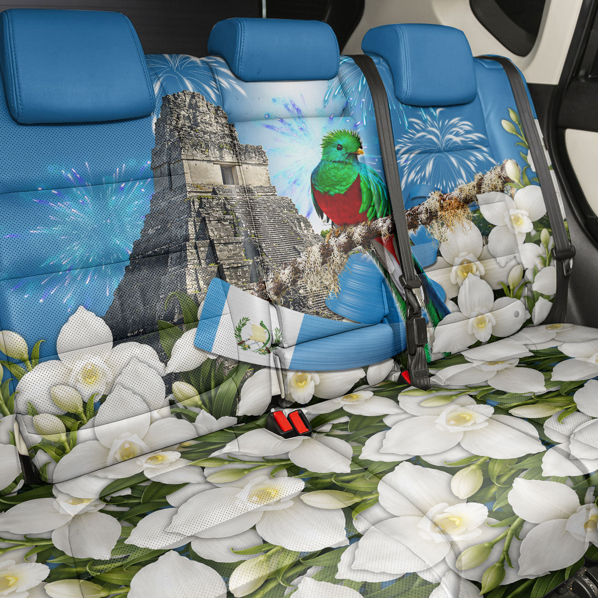 Guatemala Quetzal And Mayan Ruins Back Car Seat Cover Patriotic National Symbols White Orchid Flag