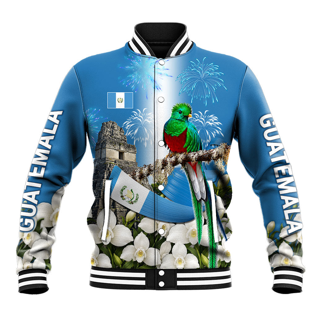 Guatemala Quetzal And Mayan Ruins Baseball Jacket Patriotic National Symbols White Orchid Flag