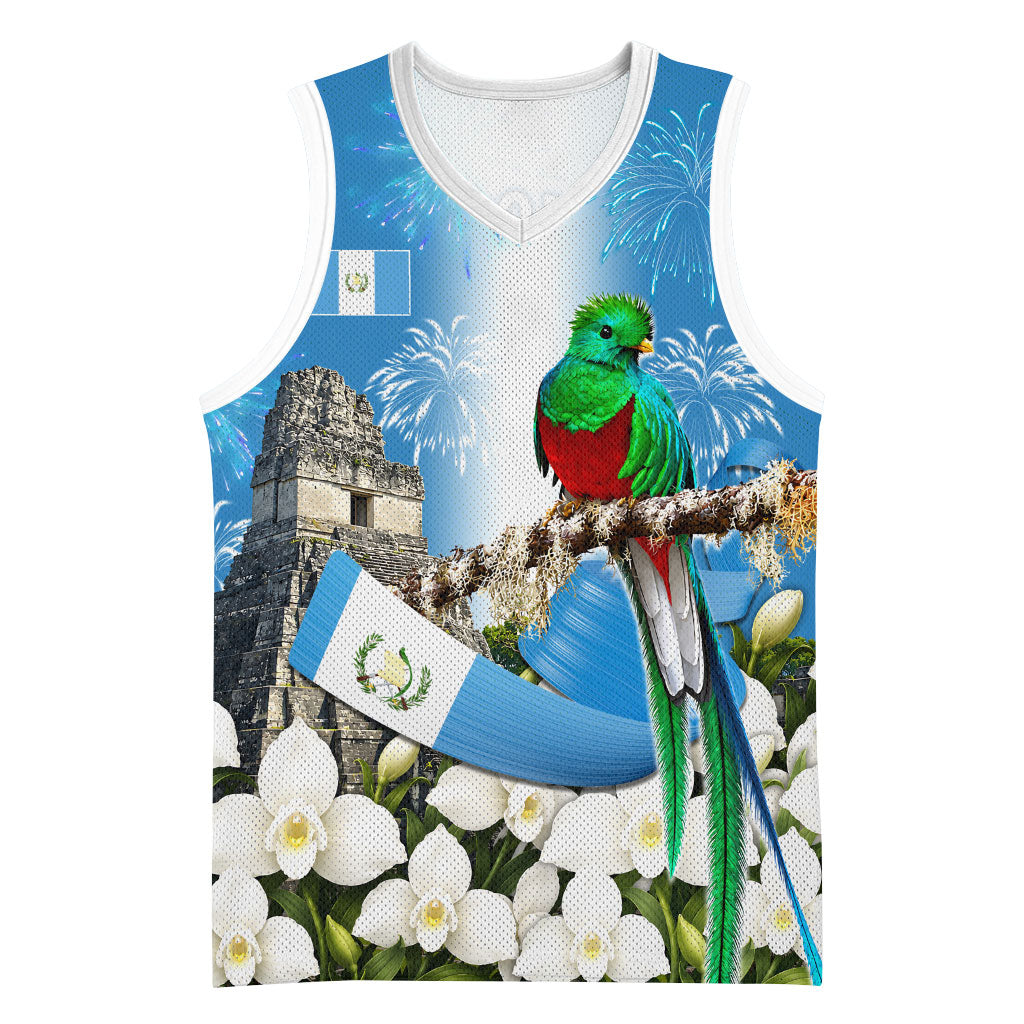 Guatemala Quetzal And Mayan Ruins Basketball Jersey Patriotic National Symbols White Orchid Flag