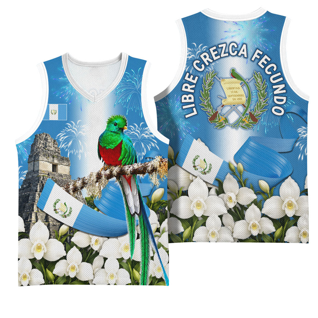 Guatemala Quetzal And Mayan Ruins Basketball Jersey Patriotic National Symbols White Orchid Flag