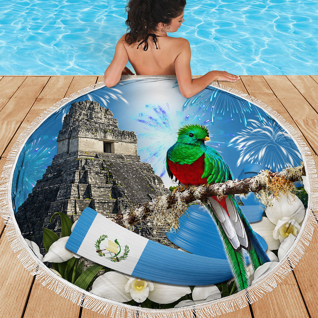 Guatemala Quetzal And Mayan Ruins Beach Blanket Patriotic National Symbols White Orchid Flag