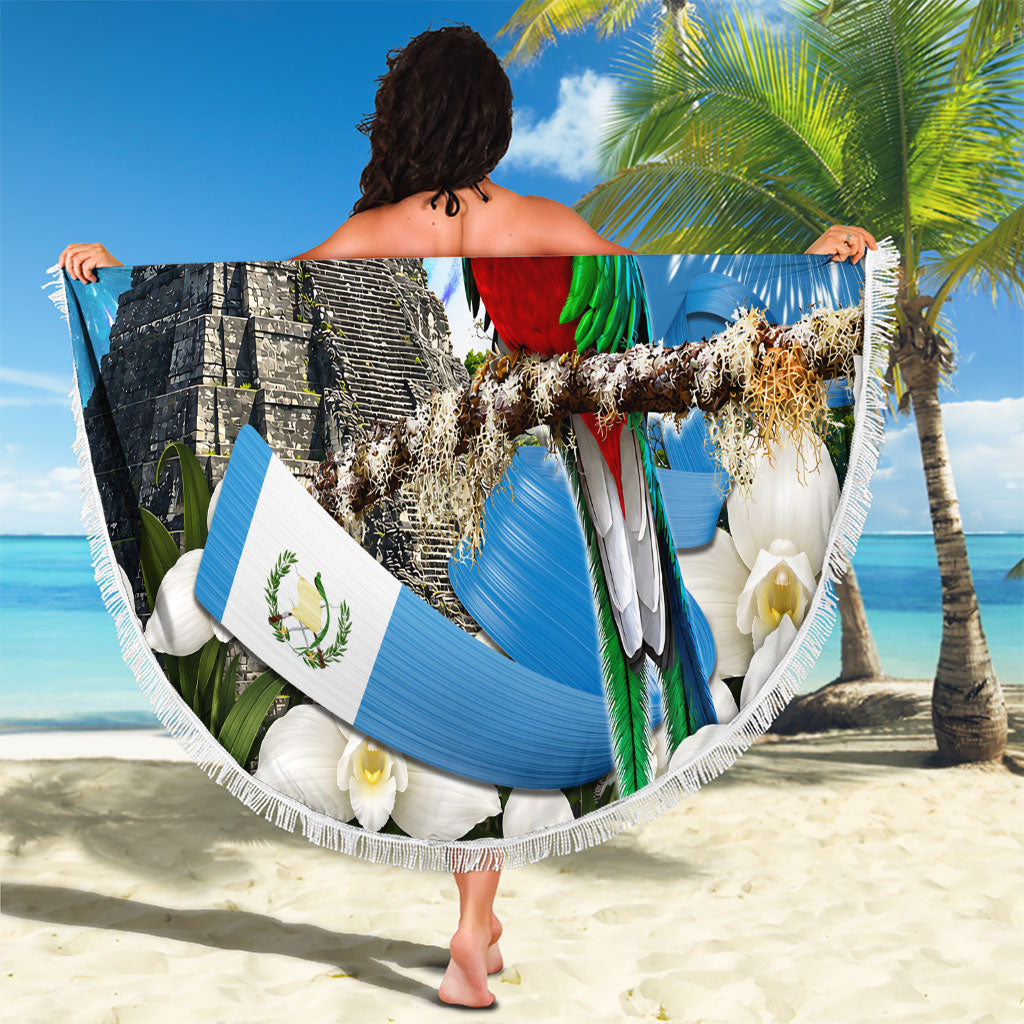 Guatemala Quetzal And Mayan Ruins Beach Blanket Patriotic National Symbols White Orchid Flag