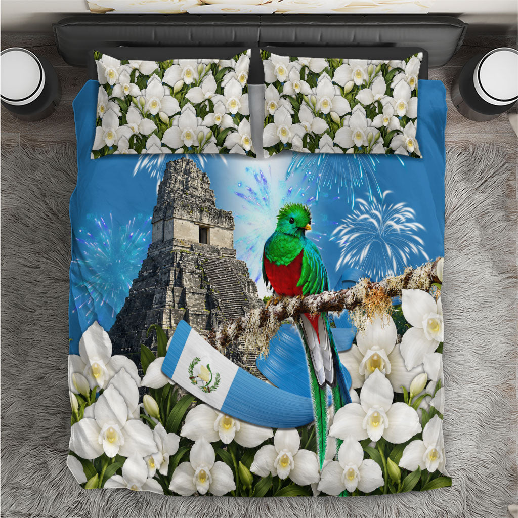 Guatemala Quetzal And Mayan Ruins Bedding Set Patriotic National Symbols White Orchid Flag