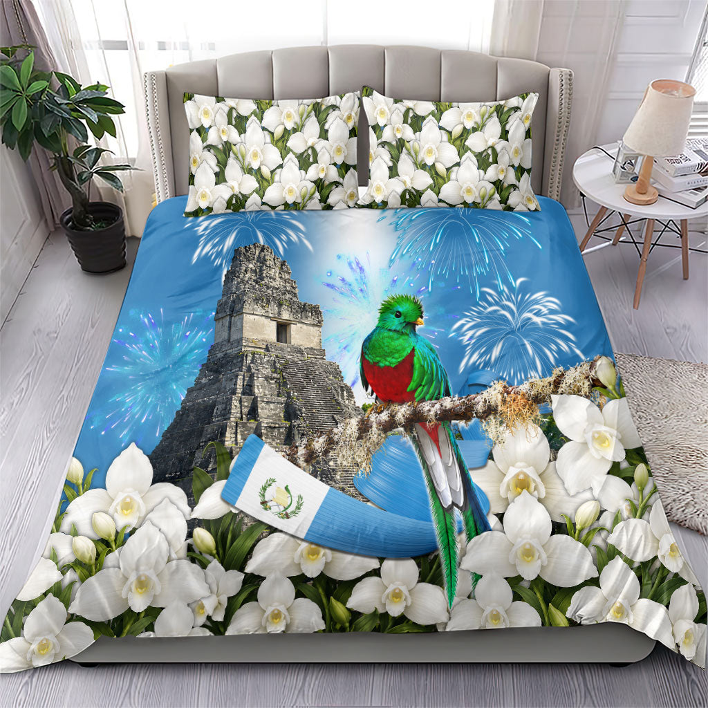 Guatemala Quetzal And Mayan Ruins Bedding Set Patriotic National Symbols White Orchid Flag