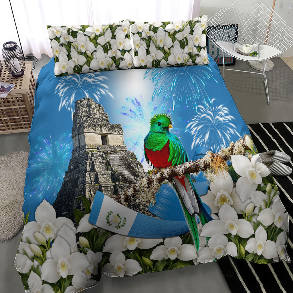 Guatemala Quetzal And Mayan Ruins Bedding Set Patriotic National Symbols White Orchid Flag