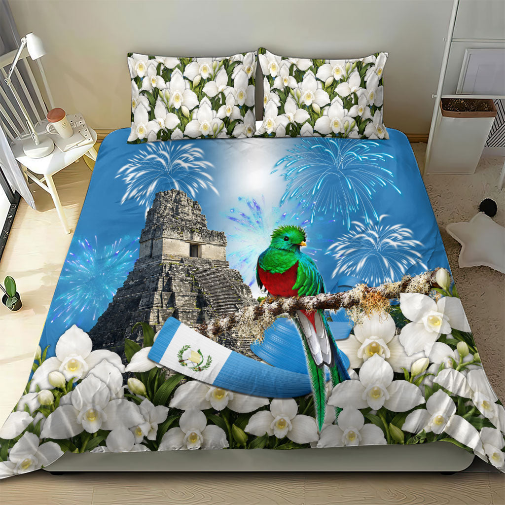 Guatemala Quetzal And Mayan Ruins Bedding Set Patriotic National Symbols White Orchid Flag