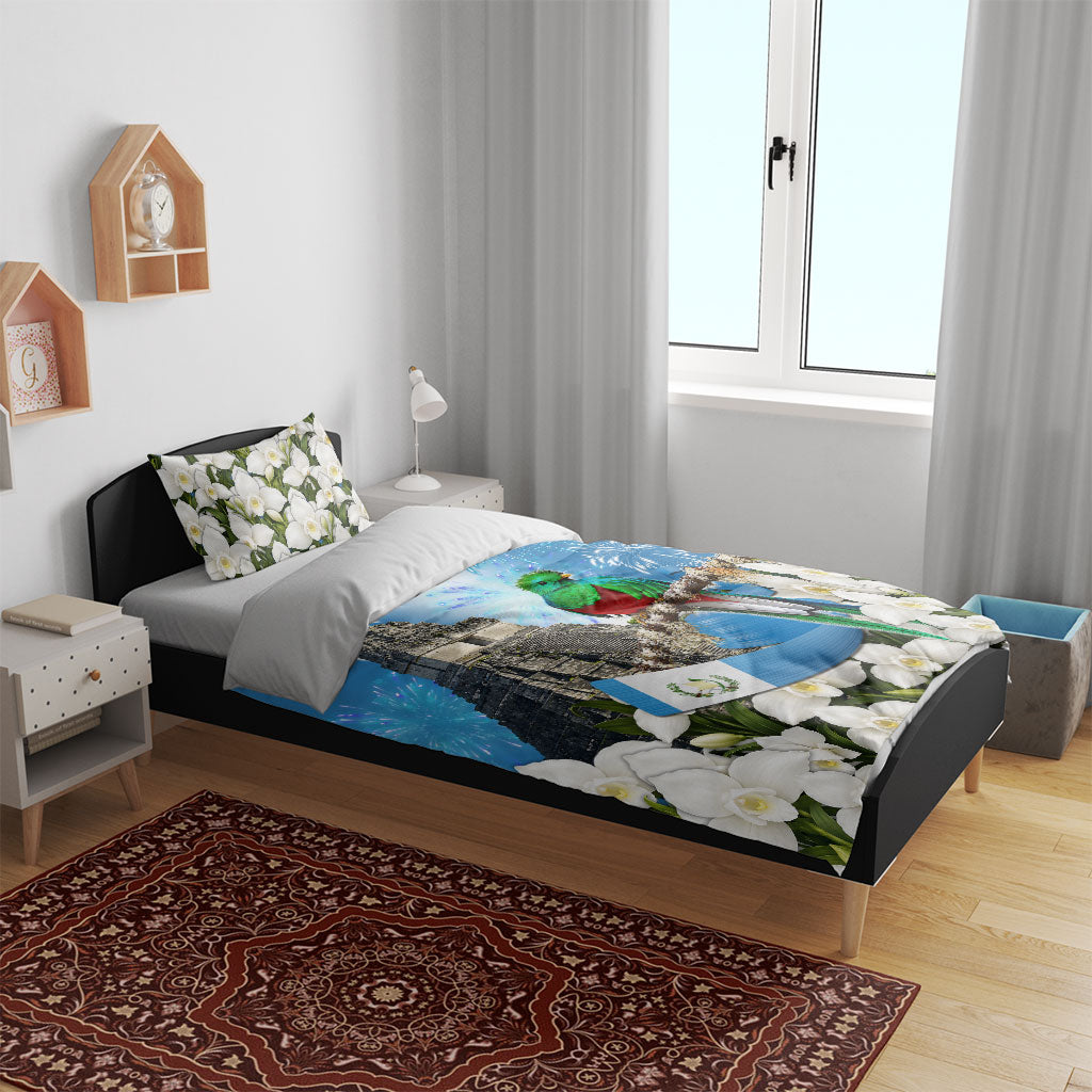 Guatemala Quetzal And Mayan Ruins Bedding Set Patriotic National Symbols White Orchid Flag