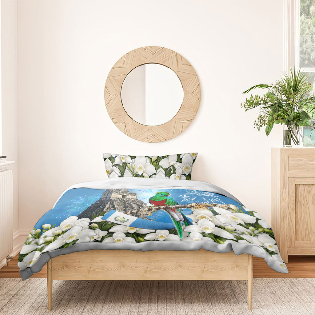 Guatemala Quetzal And Mayan Ruins Bedding Set Patriotic National Symbols White Orchid Flag
