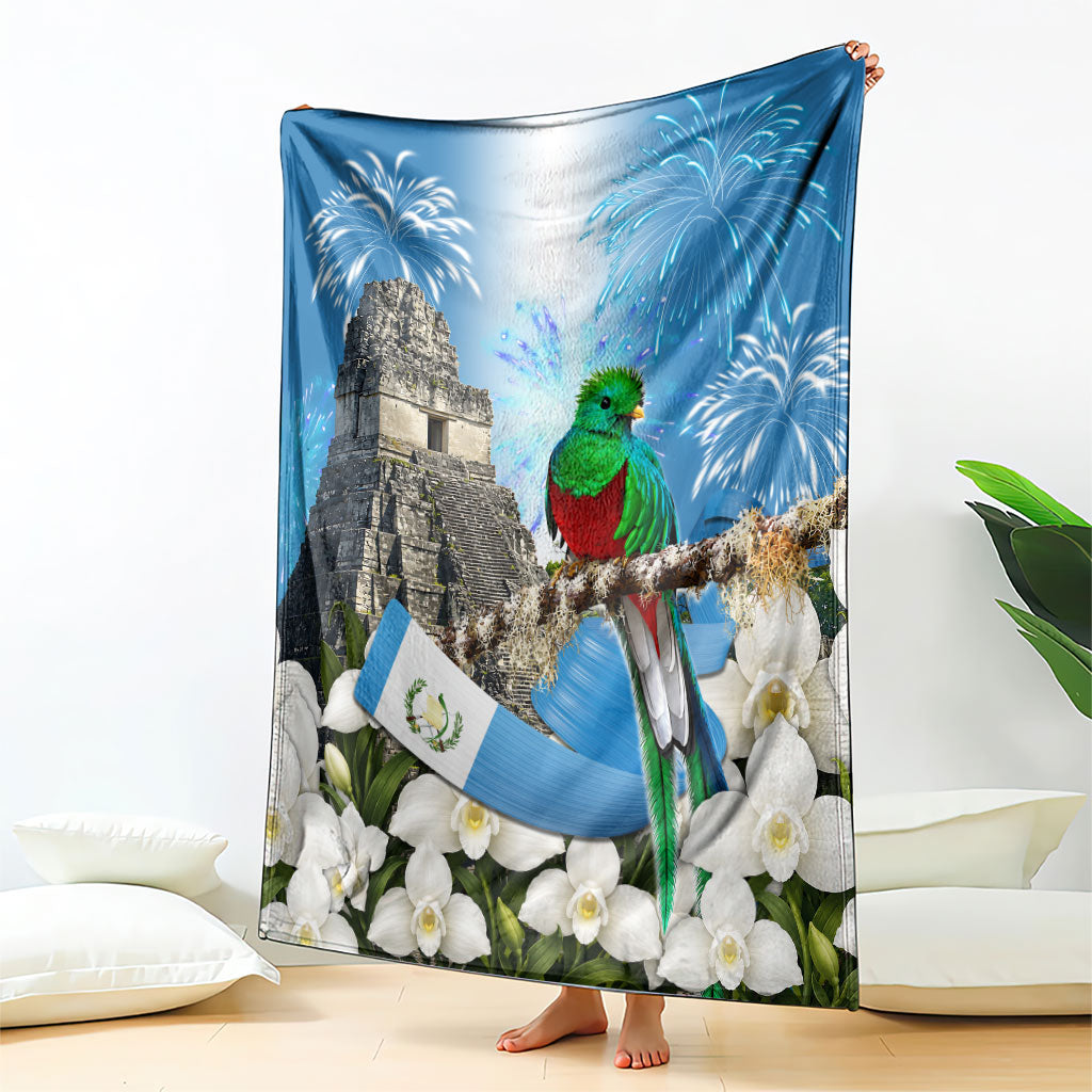 Guatemala Quetzal And Mayan Ruins Blanket Patriotic National Symbols White Orchid Flag