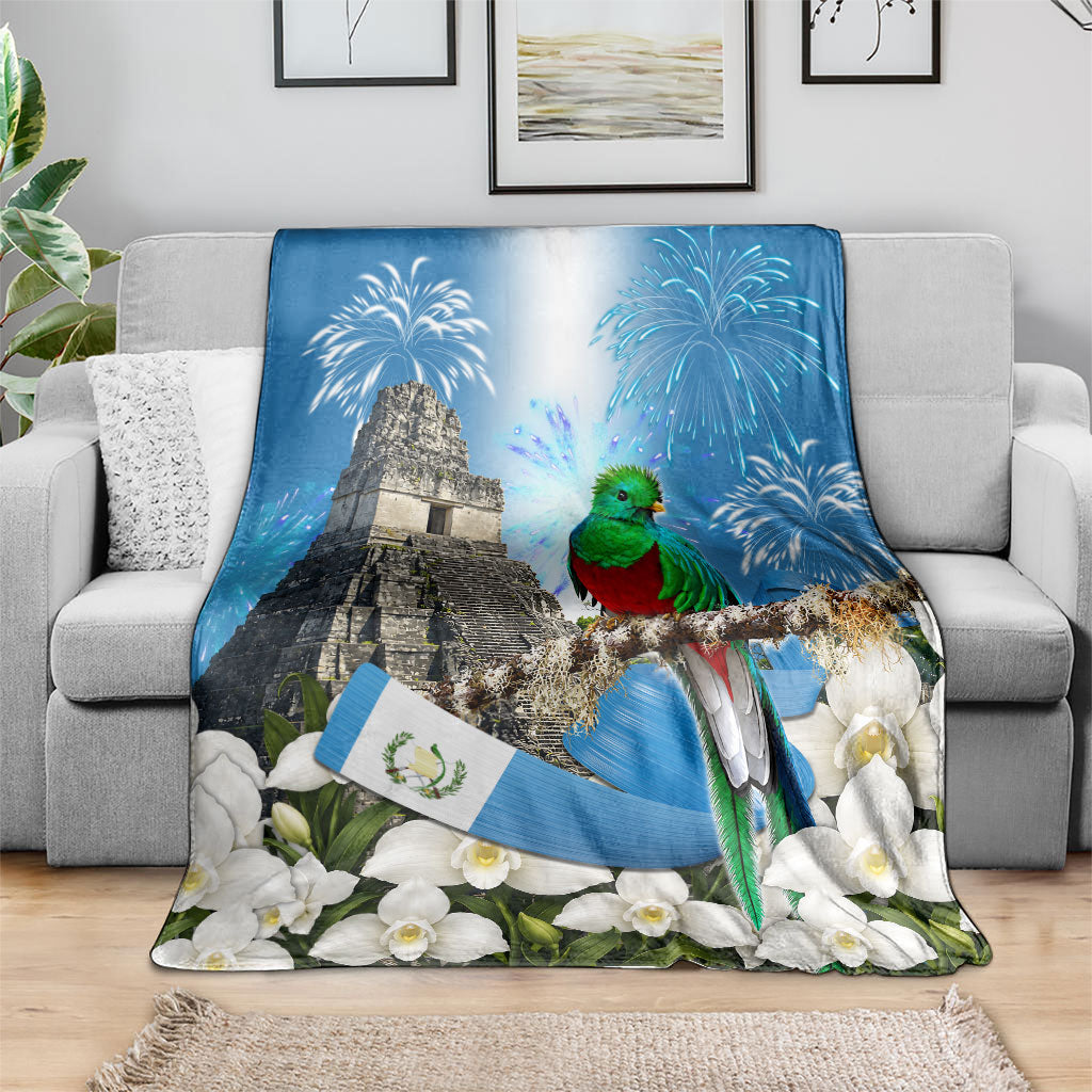 Guatemala Quetzal And Mayan Ruins Blanket Patriotic National Symbols White Orchid Flag