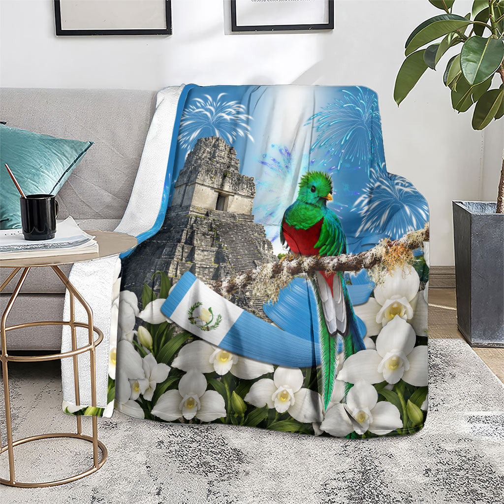Guatemala Quetzal And Mayan Ruins Blanket Patriotic National Symbols White Orchid Flag