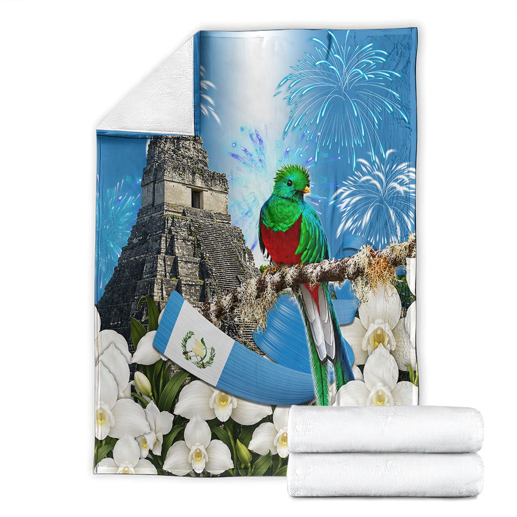Guatemala Quetzal And Mayan Ruins Blanket Patriotic National Symbols White Orchid Flag