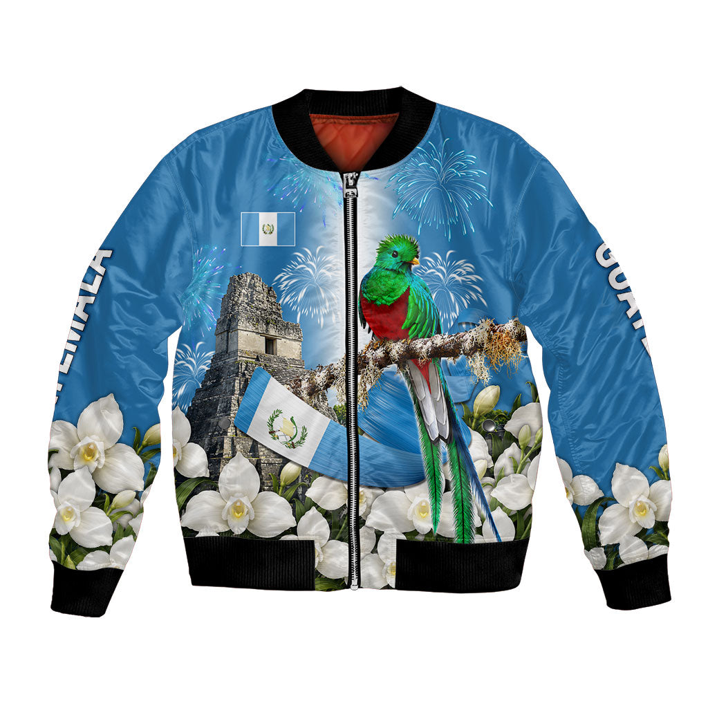 Guatemala Quetzal And Mayan Ruins Bomber Jacket Patriotic National Symbols White Orchid Flag