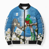 Guatemala Quetzal And Mayan Ruins Bomber Puffer Jacket Patriotic National Symbols White Orchid Flag