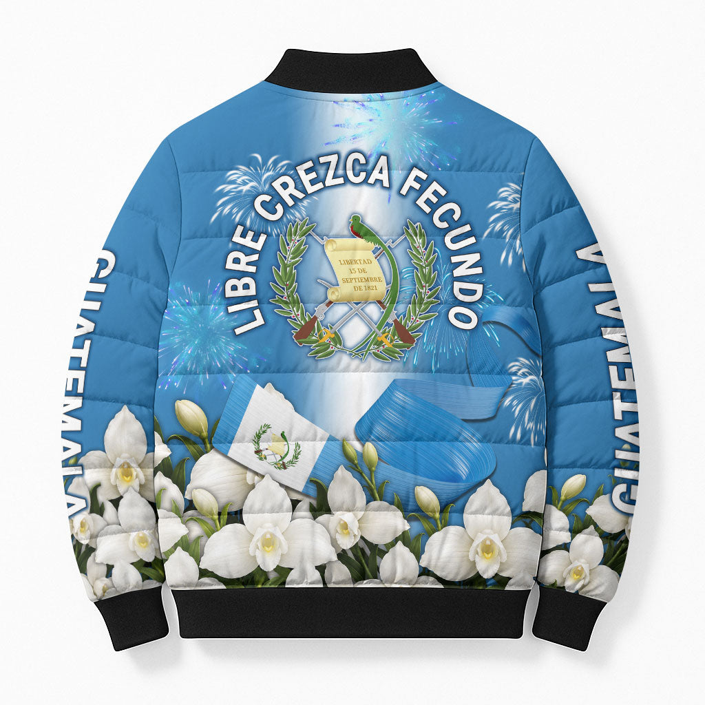 Guatemala Quetzal And Mayan Ruins Bomber Puffer Jacket Patriotic National Symbols White Orchid Flag