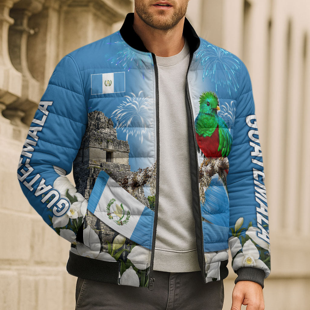 Guatemala Quetzal And Mayan Ruins Bomber Puffer Jacket Patriotic National Symbols White Orchid Flag