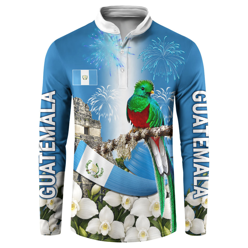 Guatemala Quetzal And Mayan Ruins Button Sweatshirt Patriotic National Symbols White Orchid Flag