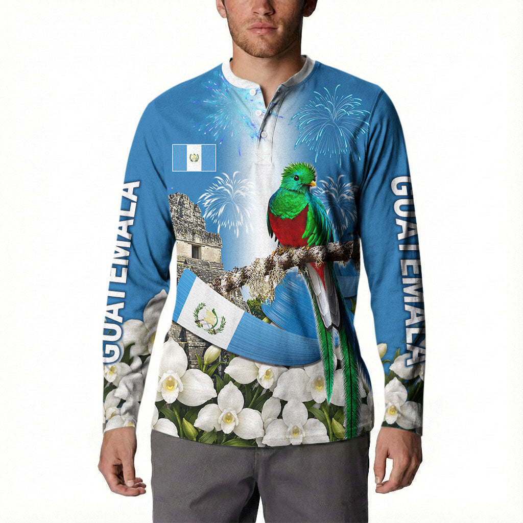 Guatemala Quetzal And Mayan Ruins Button Sweatshirt Patriotic National Symbols White Orchid Flag