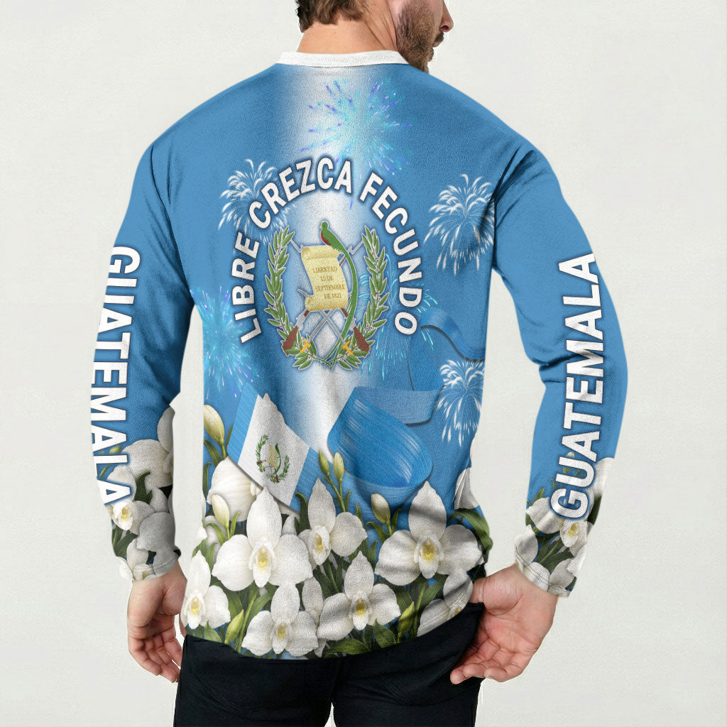 Guatemala Quetzal And Mayan Ruins Button Sweatshirt Patriotic National Symbols White Orchid Flag