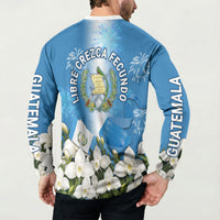 Guatemala Quetzal And Mayan Ruins Button Sweatshirt Patriotic National Symbols White Orchid Flag