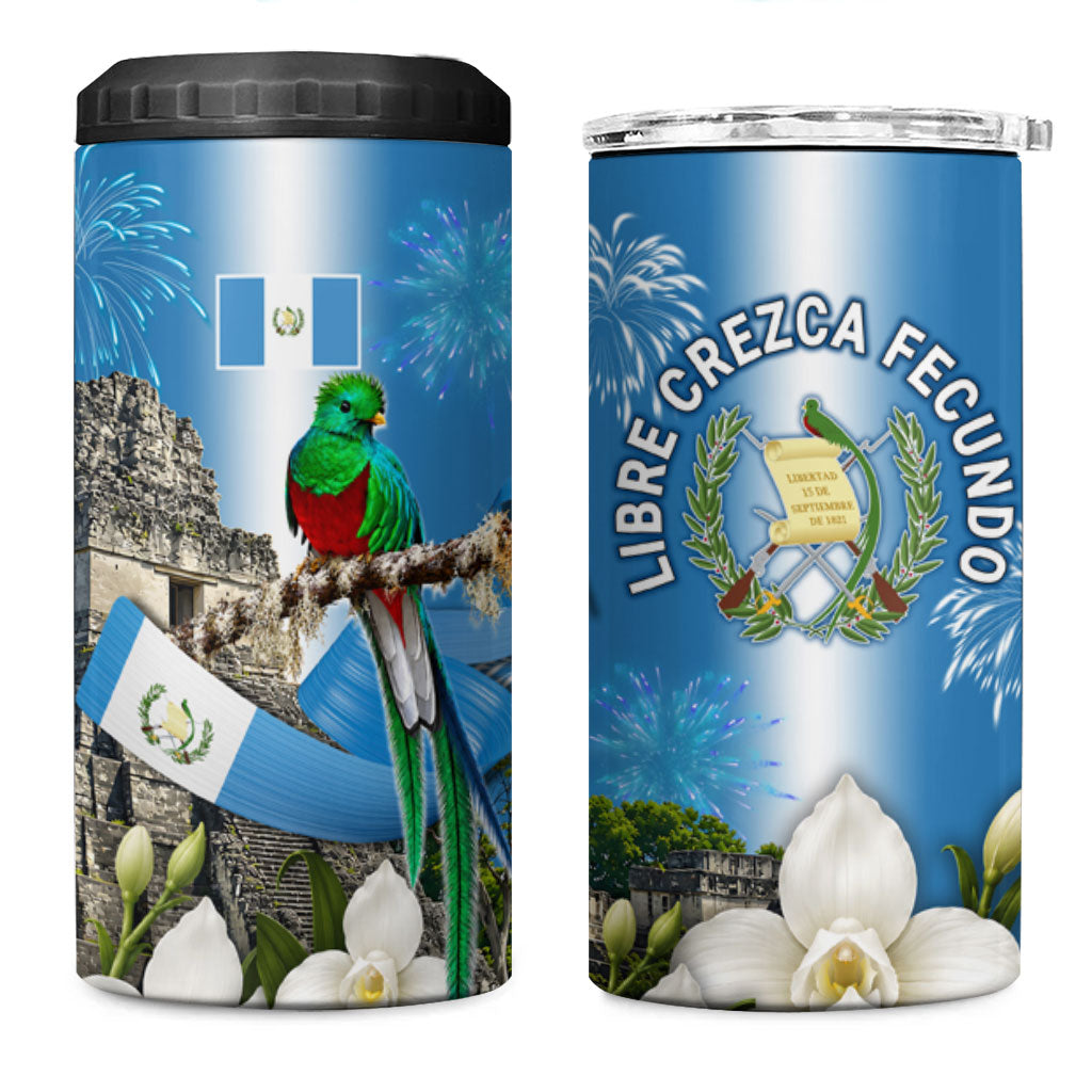 Guatemala Quetzal And Mayan Ruins 4 in 1 Can Cooler Tumbler Patriotic National Symbols White Orchid Flag