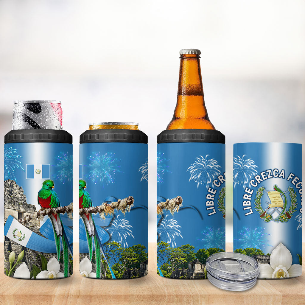 Guatemala Quetzal And Mayan Ruins 4 in 1 Can Cooler Tumbler Patriotic National Symbols White Orchid Flag