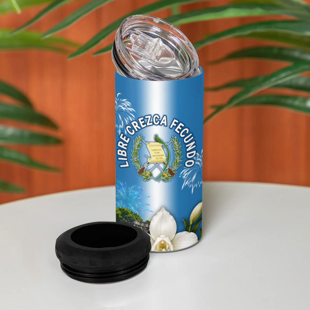 Guatemala Quetzal And Mayan Ruins 4 in 1 Can Cooler Tumbler Patriotic National Symbols White Orchid Flag