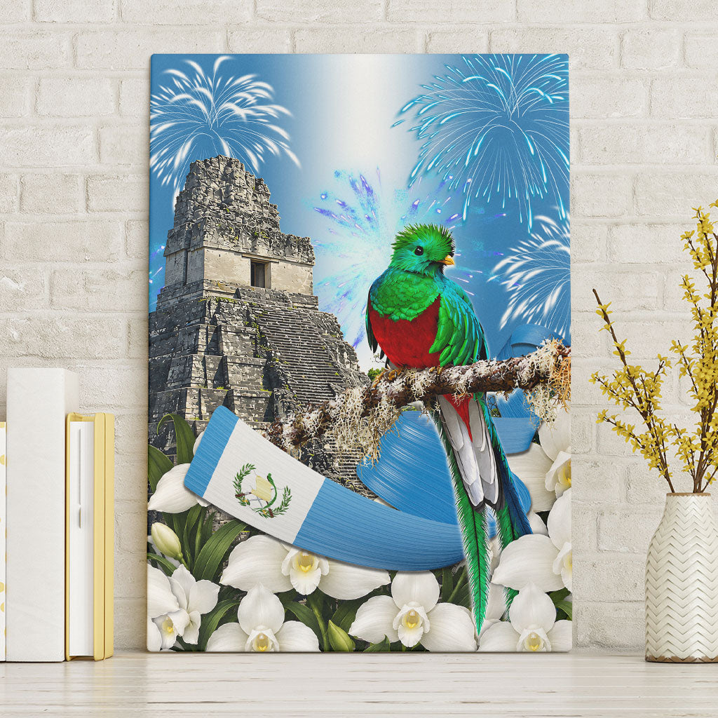 Guatemala Quetzal And Mayan Ruins Canvas Wall Art Patriotic National Symbols White Orchid Flag